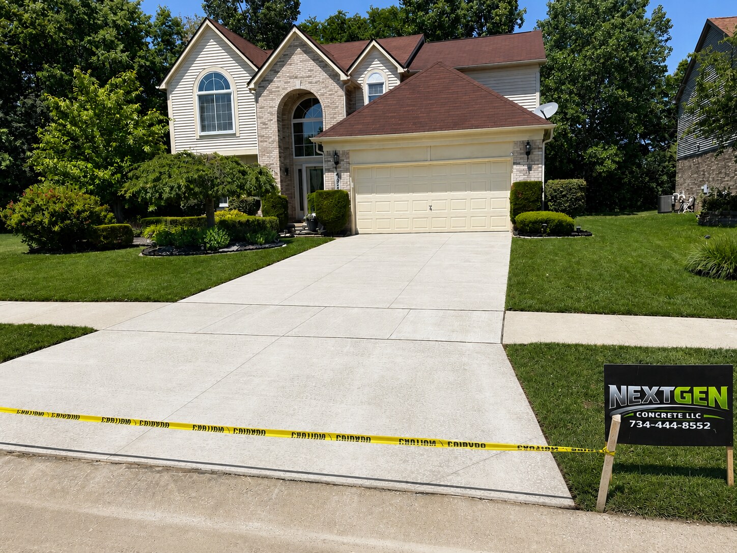 Finished concrete driveway at a two-story home with NextGen Concrete yard sign